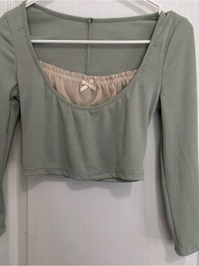 Scoop Neck Ribbed Long-Sleeve Crop Top in Sage Green